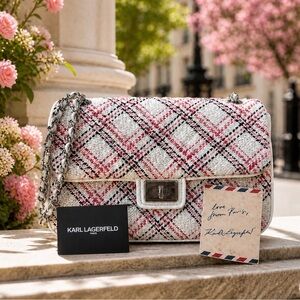 Karl Lagerfeld Agyness Pink and White Tweed Shoulder Bag with Plaid Design NWT